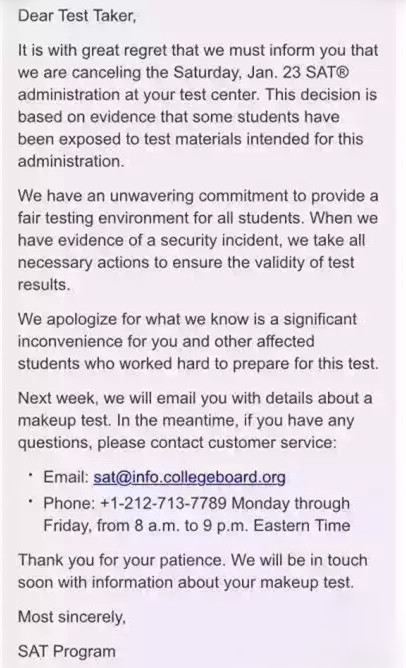 2016年1月SAT考试泄题 澳门2个考点取消考试